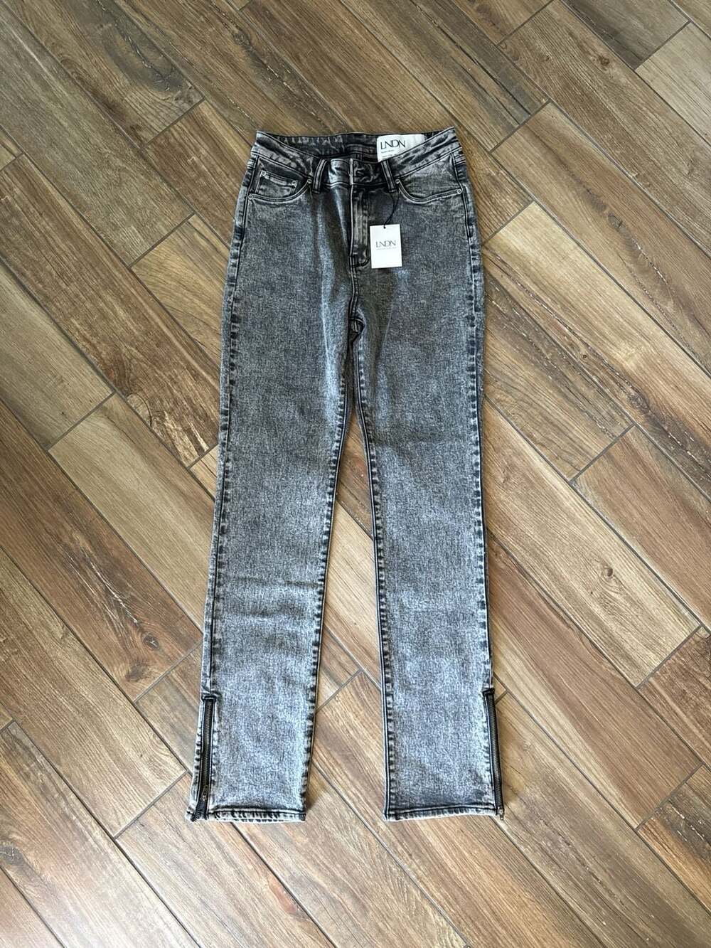 London Denim LNDN High Rise Acid Wash Zipper Hem Straight Leg Jeans